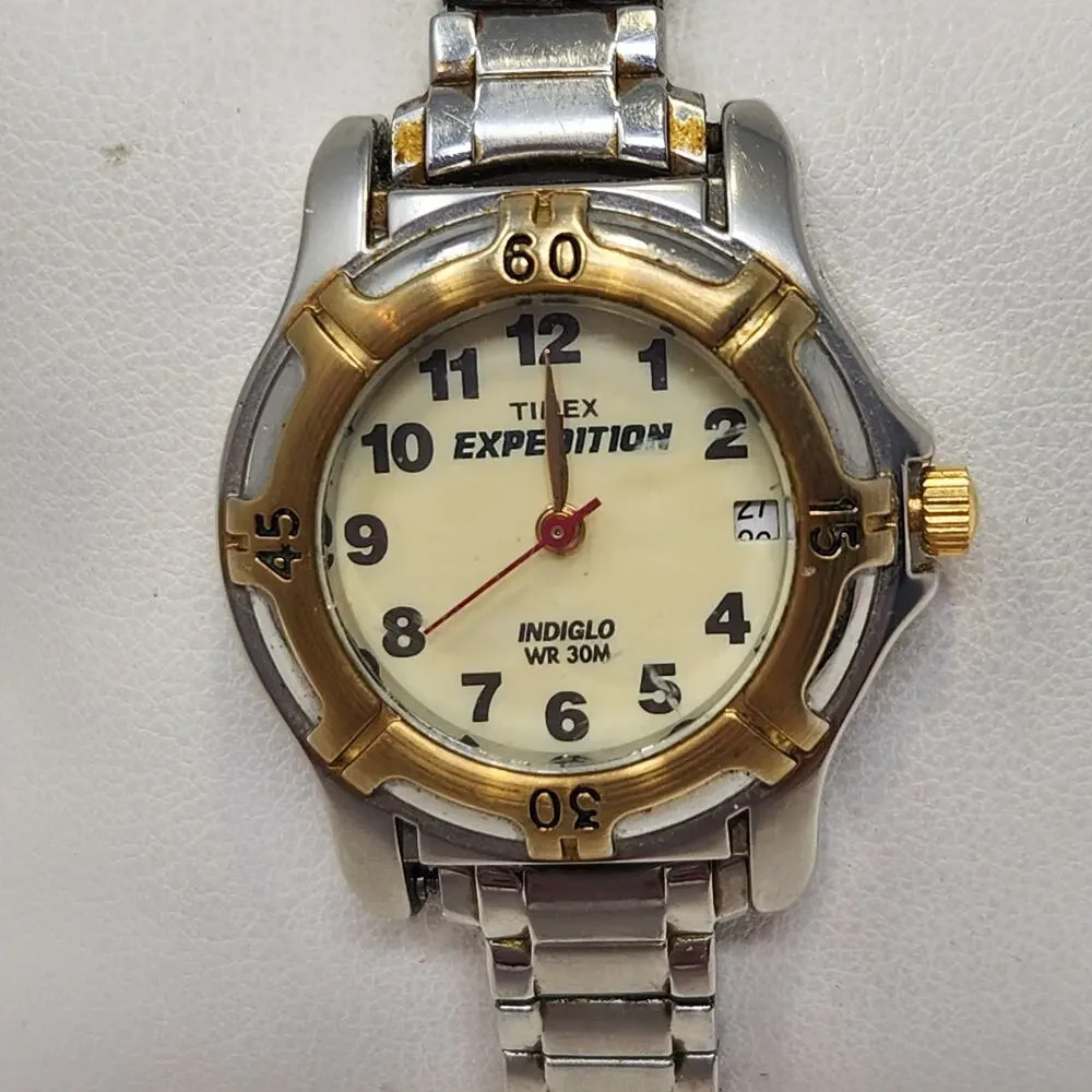 Timex Expedition Indiglo Ladies Watch Wristwatch Stretch Band Silver Gold Tone
